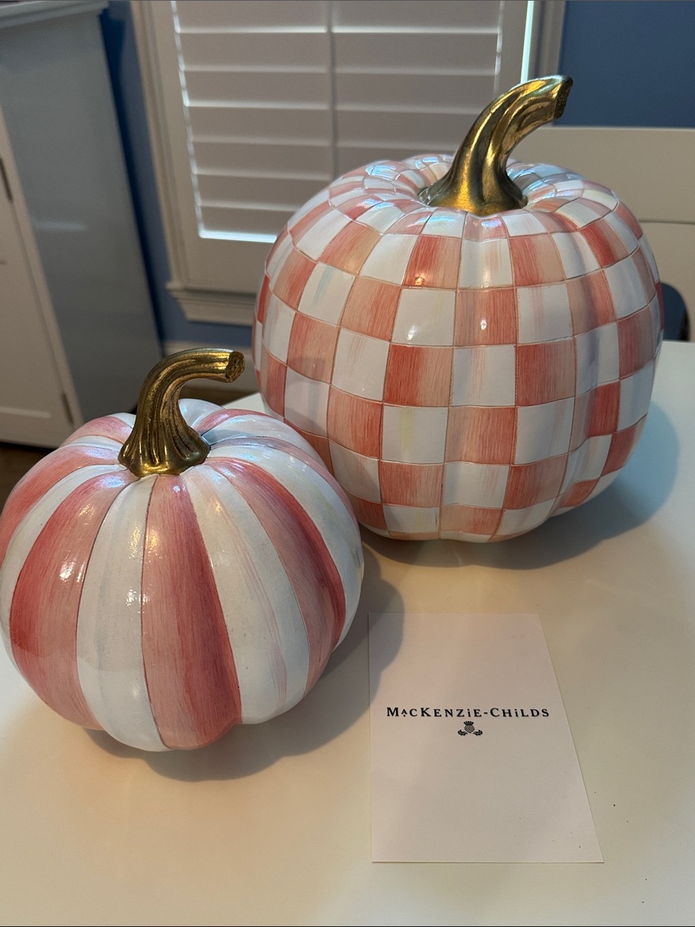 Brand New MacKenzie-Childs Rosy Check & Rosy Stripe Pumpkin Set (medium & small)